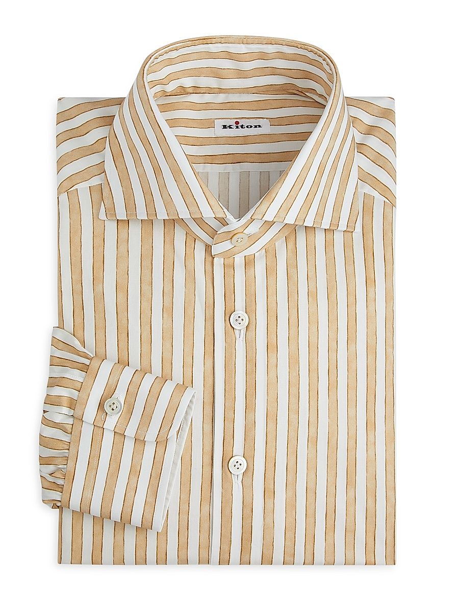 Men's Striped Stretch-Cotton Shirt - White Dark Beige - Size 16.5