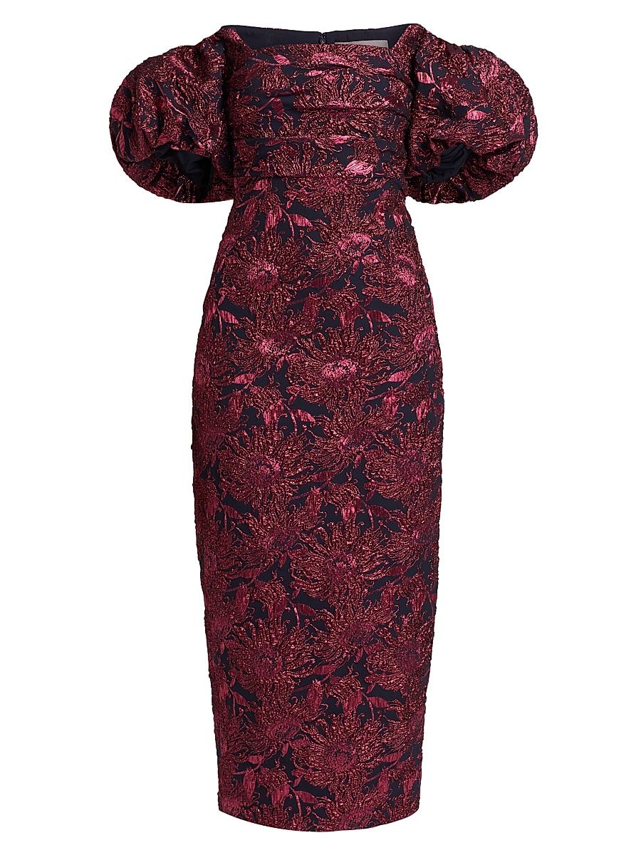 Women's Floral Jacquard Puff-Sleeve Sheath Dress - Navy Pink - Size 10