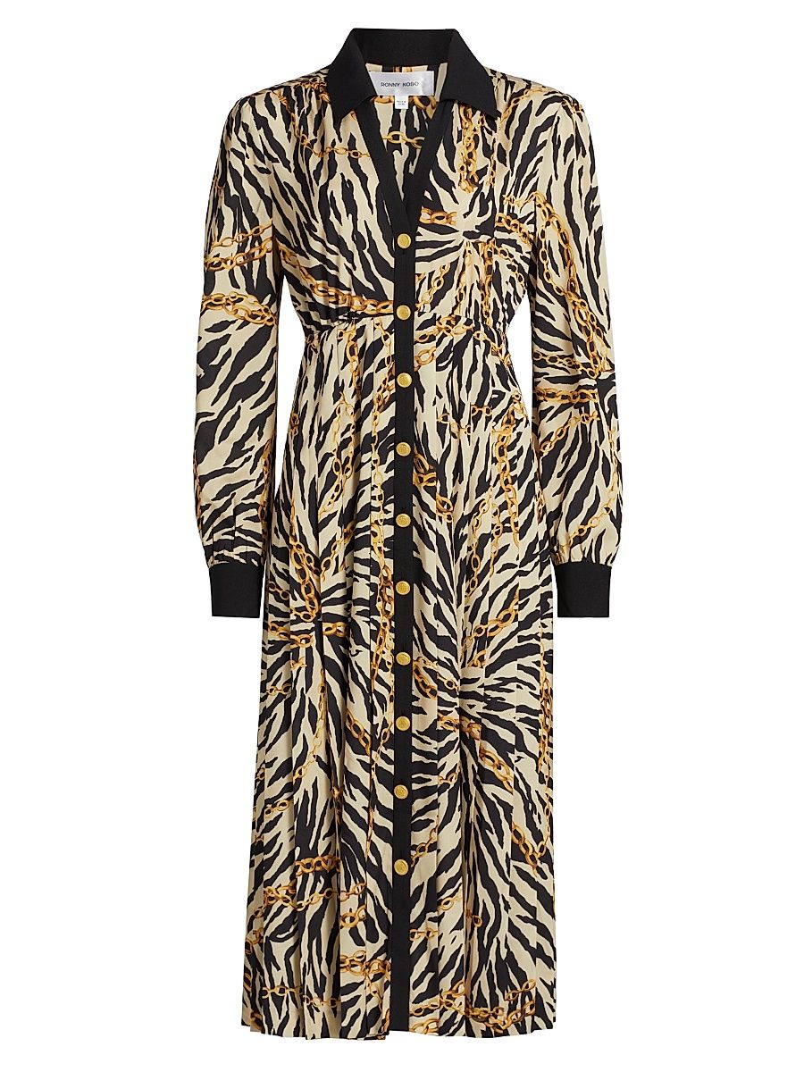 Women's Hana Pleated Midi-Dress - Mixed Zebra Cheetah - Size Large