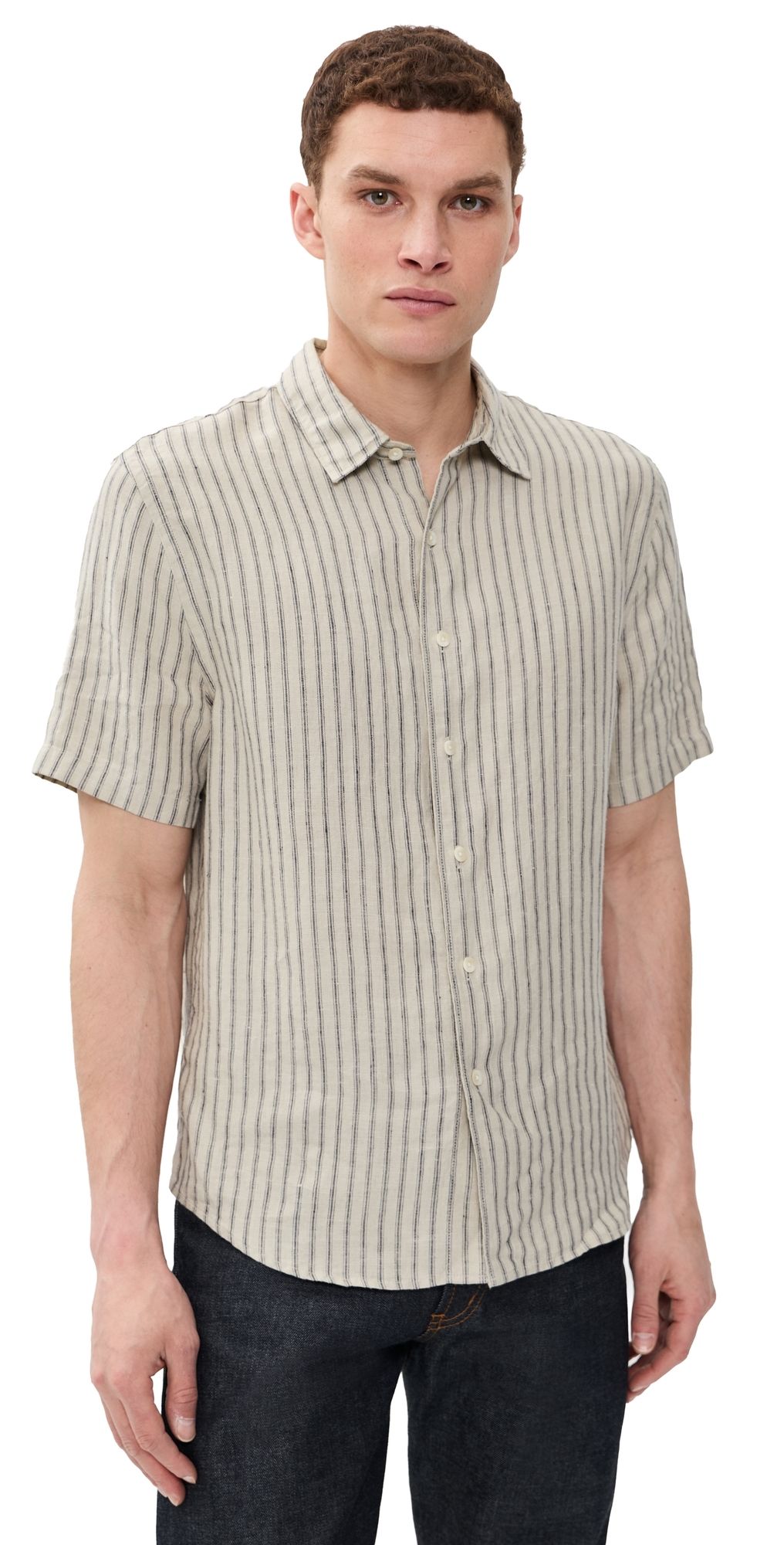 Vince Ballston Stripe Short Sleeve Hemp Shirt Parchment/Coastal Stripe L