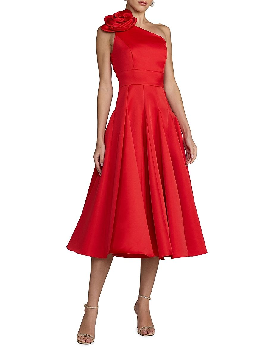 Women's 3D Flower Satin Godet-Skirt Midi Dress - Red - Size 2