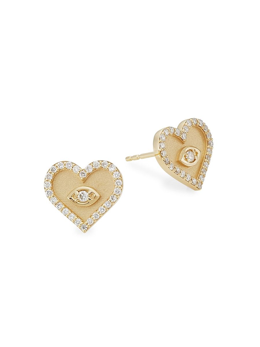 Women's 14K Yellow Gold & Diamond Evil-Eye Heart Stud Earrings