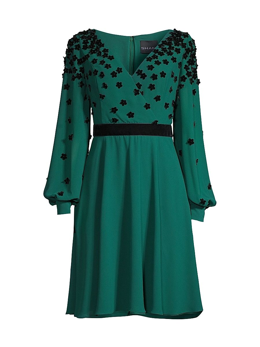 Women's Flocked Velvet Surplice Dress - Green - Size 8
