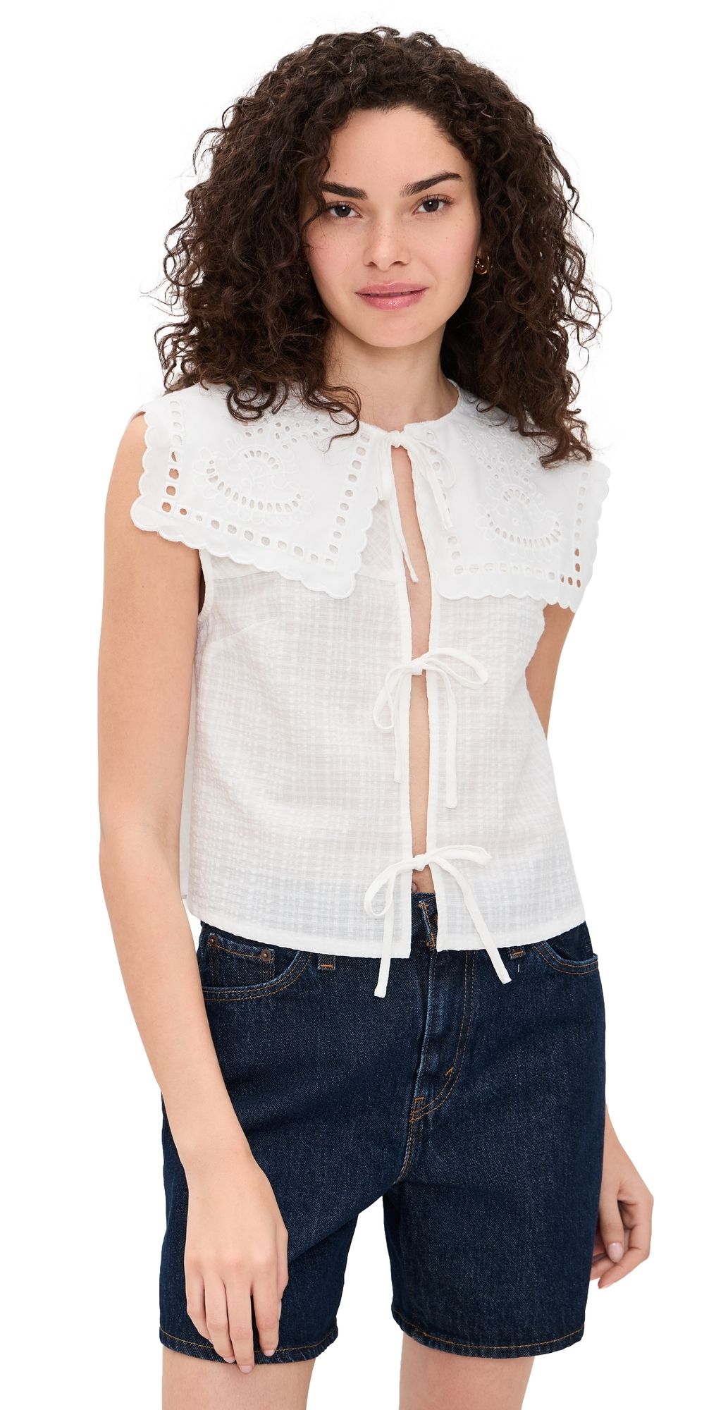 Another Girl Cutwork Collar Tie Front Blouse White XS