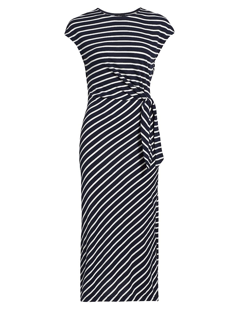 Women's Selah Striped Cotton Tie-Waist Midi-Dress - Navy Ivory Stripe - Size Small