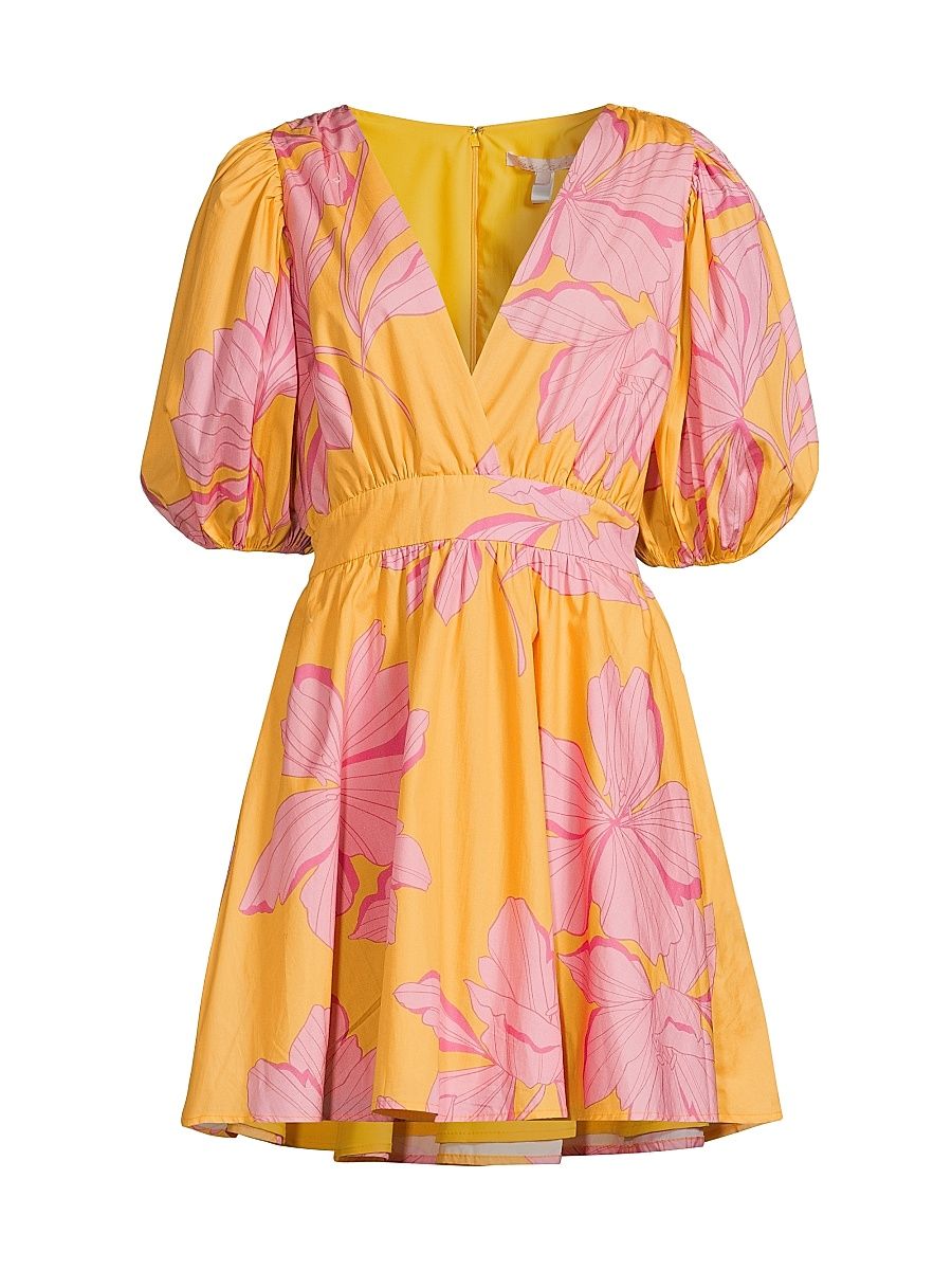 Women's Letty Cotton Puff-Sleeve Minidress - Apricot Pink Floral - Size Large