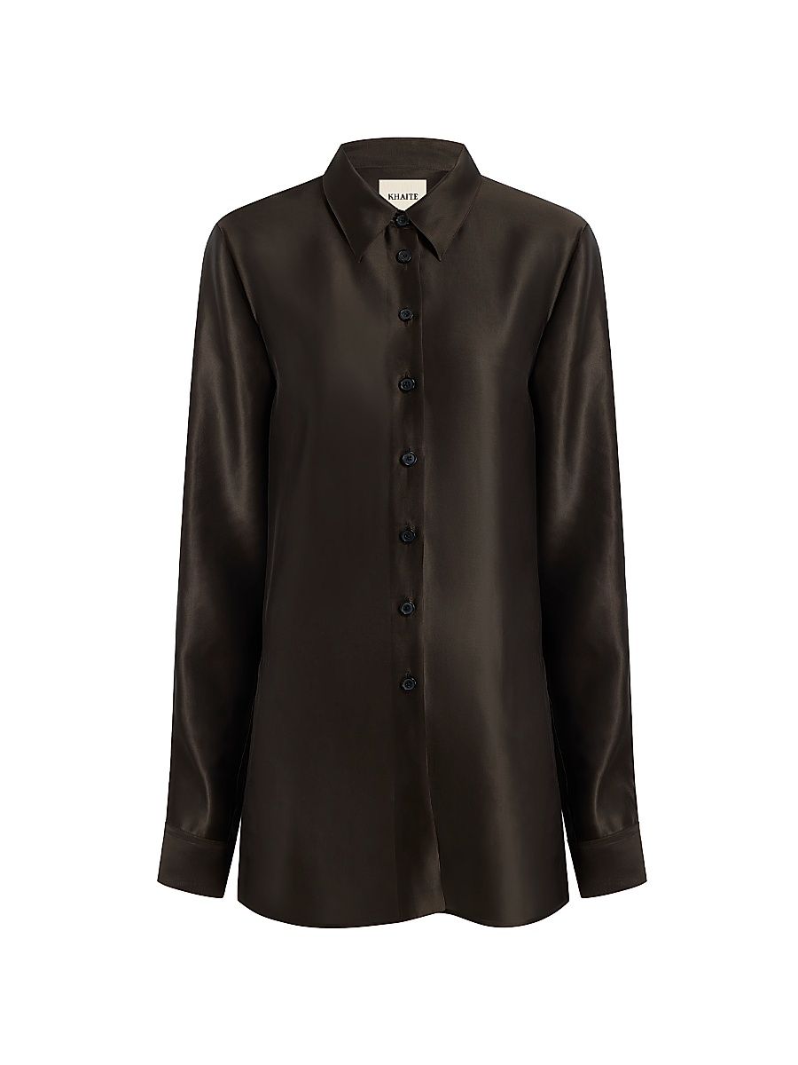 Women's Auryn Satin Button-Front Oversized Shirt - Bark - Size Large