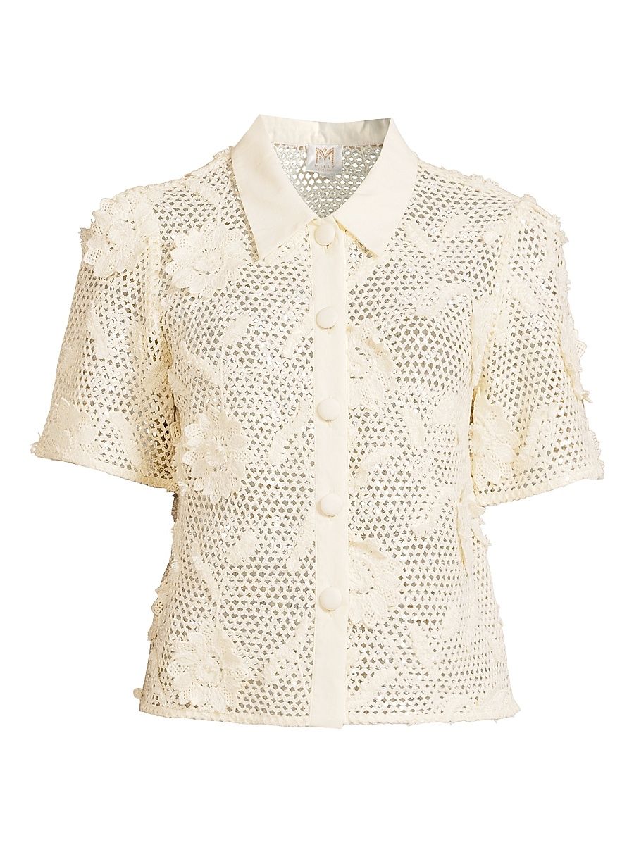 Women's Sequined Crochet Cotton Short-Sleeve Top - White - Size Large