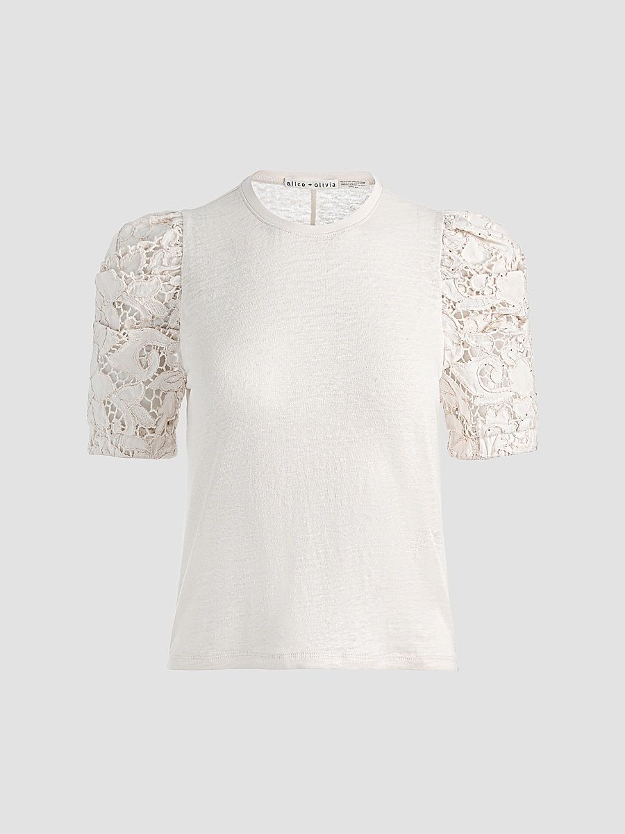 Women's Tyler Lace-Sleeve Crewneck Top - Natural - Size XL
