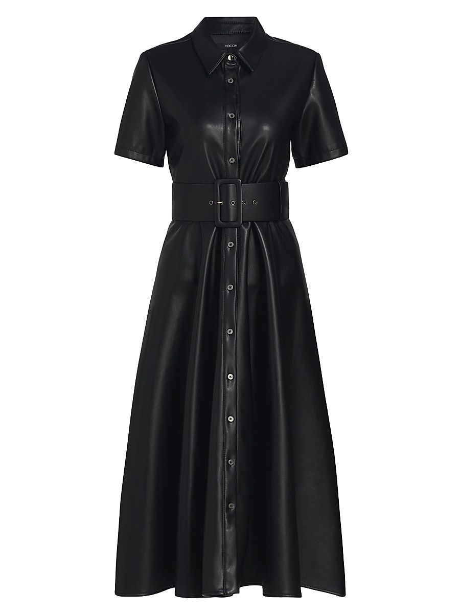 Women's Jean Vegan Leather Short-Sleeve Shirtdress - Jet - Size 8