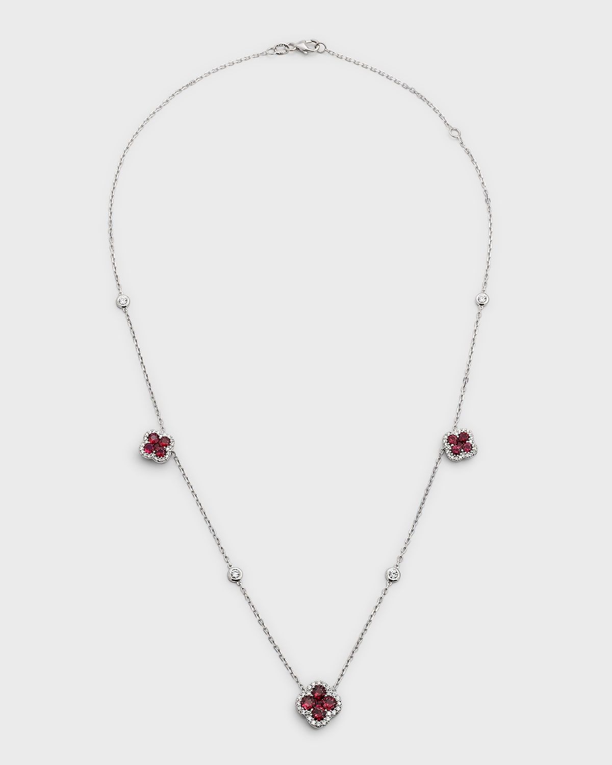 18K White Gold Ruby Flower and Diamond Station Necklace, 18"L, 2.55tcw