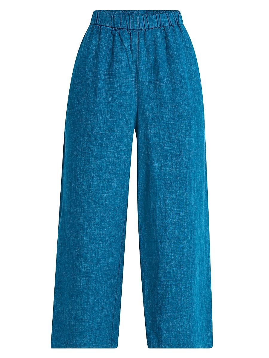 Women's Linen Wide Leg Cropped Pants - Dark Blue - Size Large