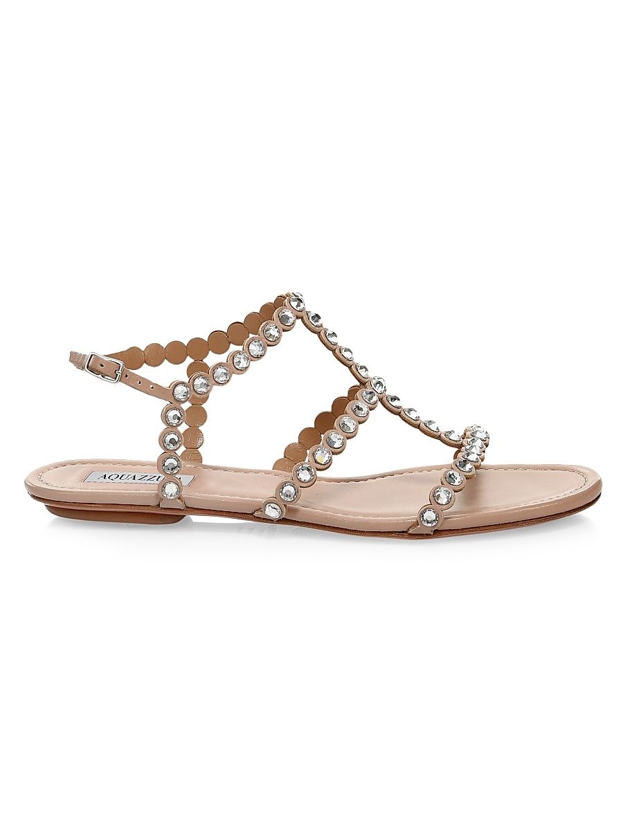 Women's Tequila Crystal-Embellished Leather Flat Sandals - Powder Pink - Size 5