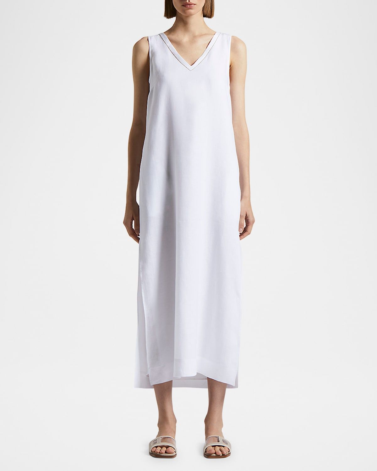 Sleeveless Chain-Trim Linen Midi Dress