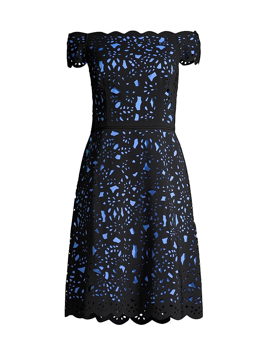 Women's Off-The-Shoulder Laser Cut Dress - Black Blue - Size 16