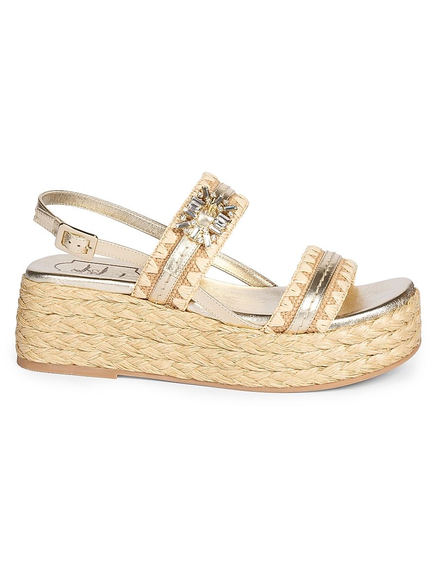 Women's Summer Strass 60MM Leather-Raffia Espadrille Sandals - Crema Chiaro Oro - Size 11