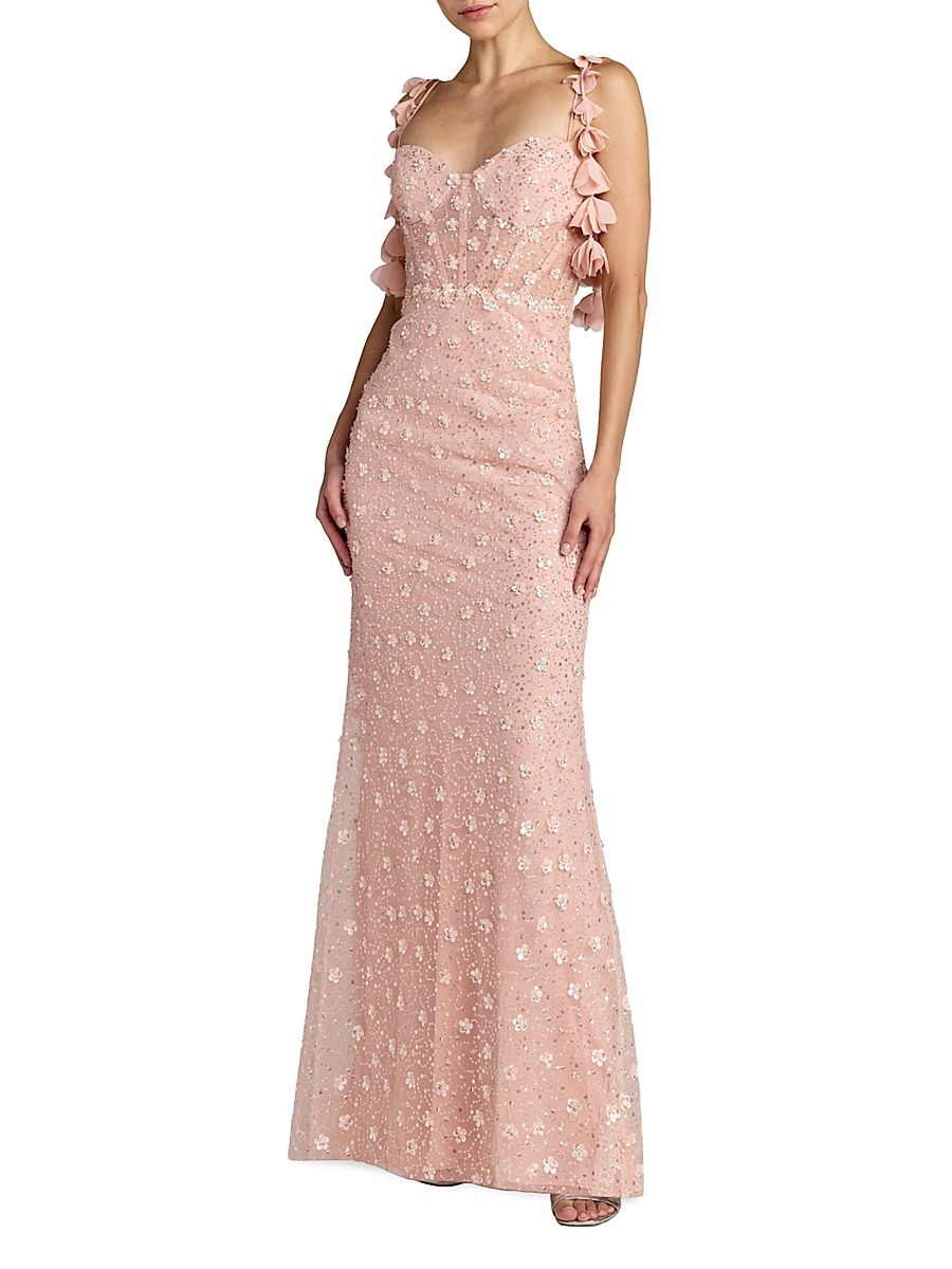 Women's Sequined Floral Column Gown - Rose Gold - Size 12