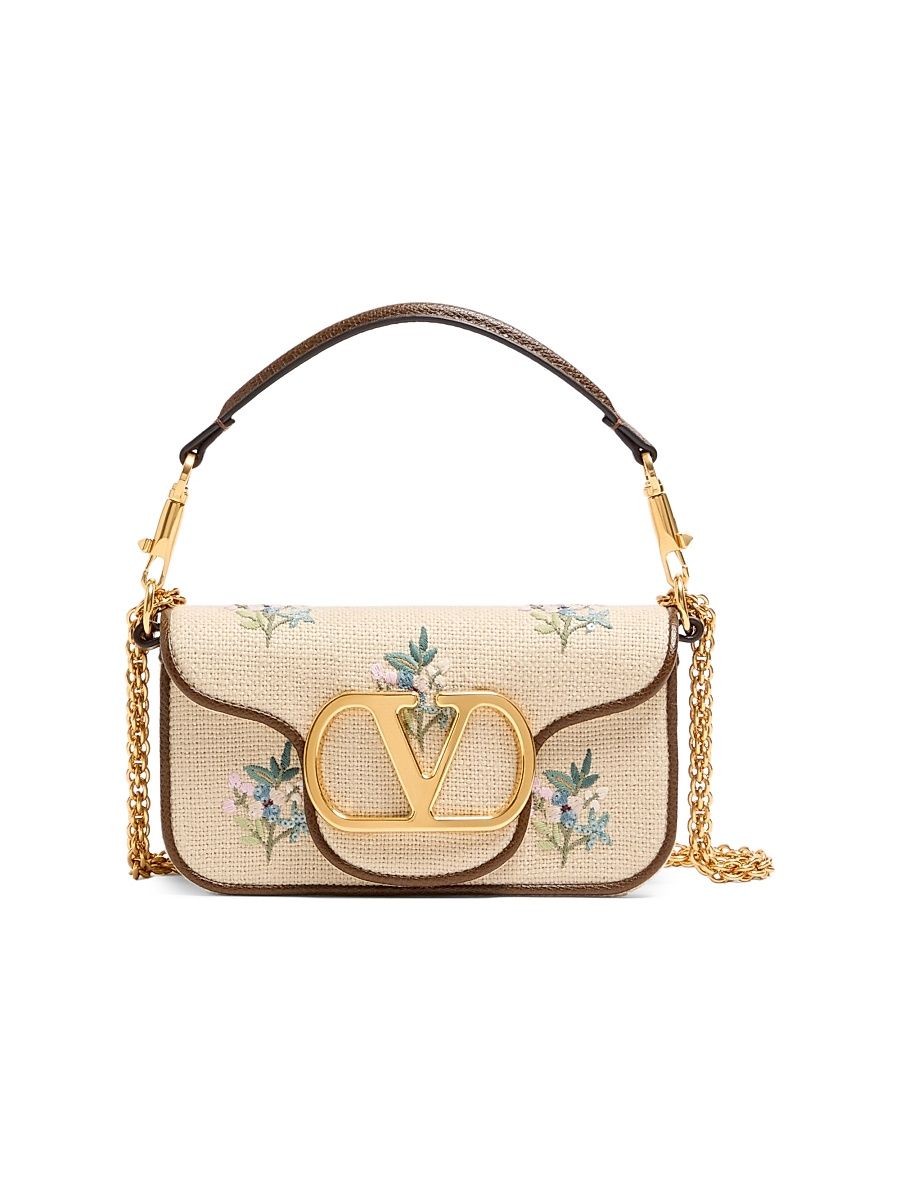 Women's Locò Small Linen Shoulder Bag with Embroidery - Natural