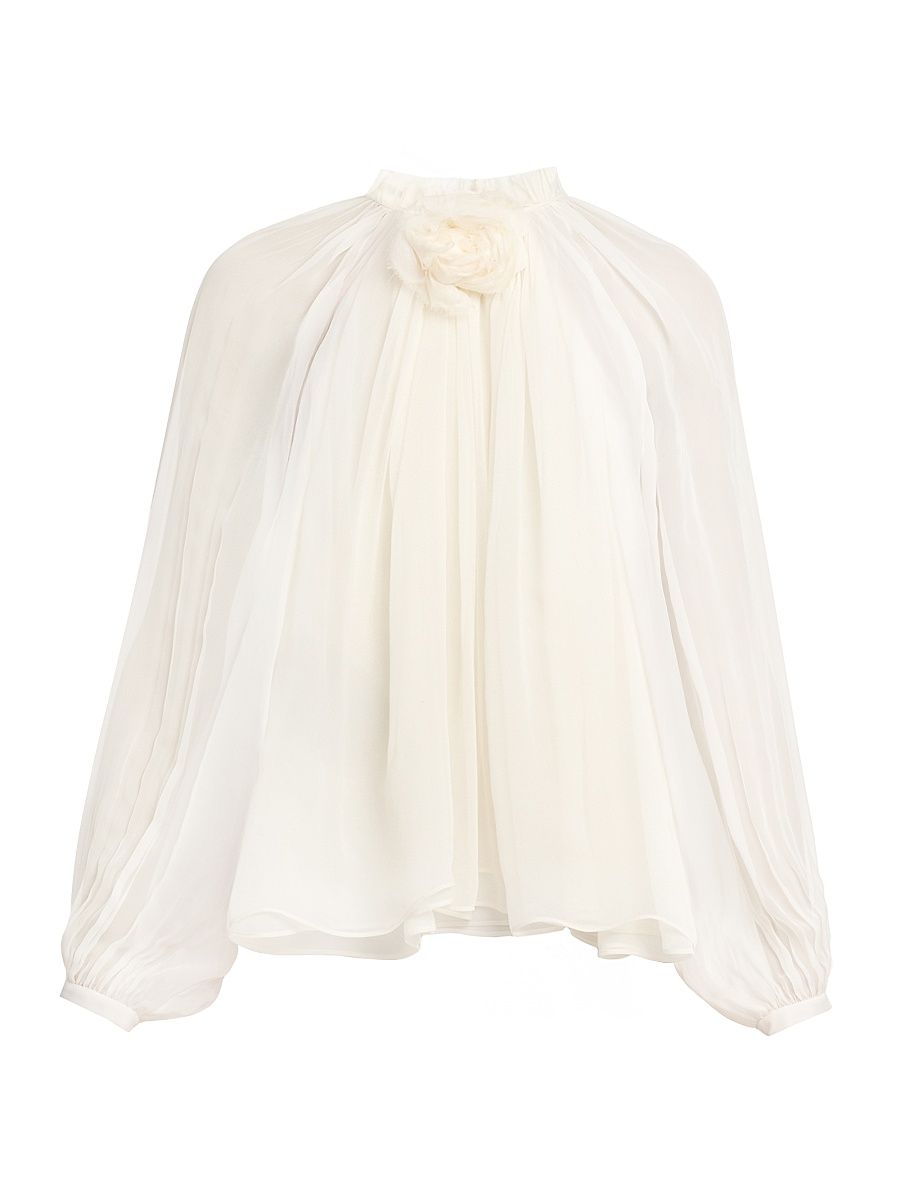 Women's Rosette-Detailed Gathered Silk Blouse - White - Size 6