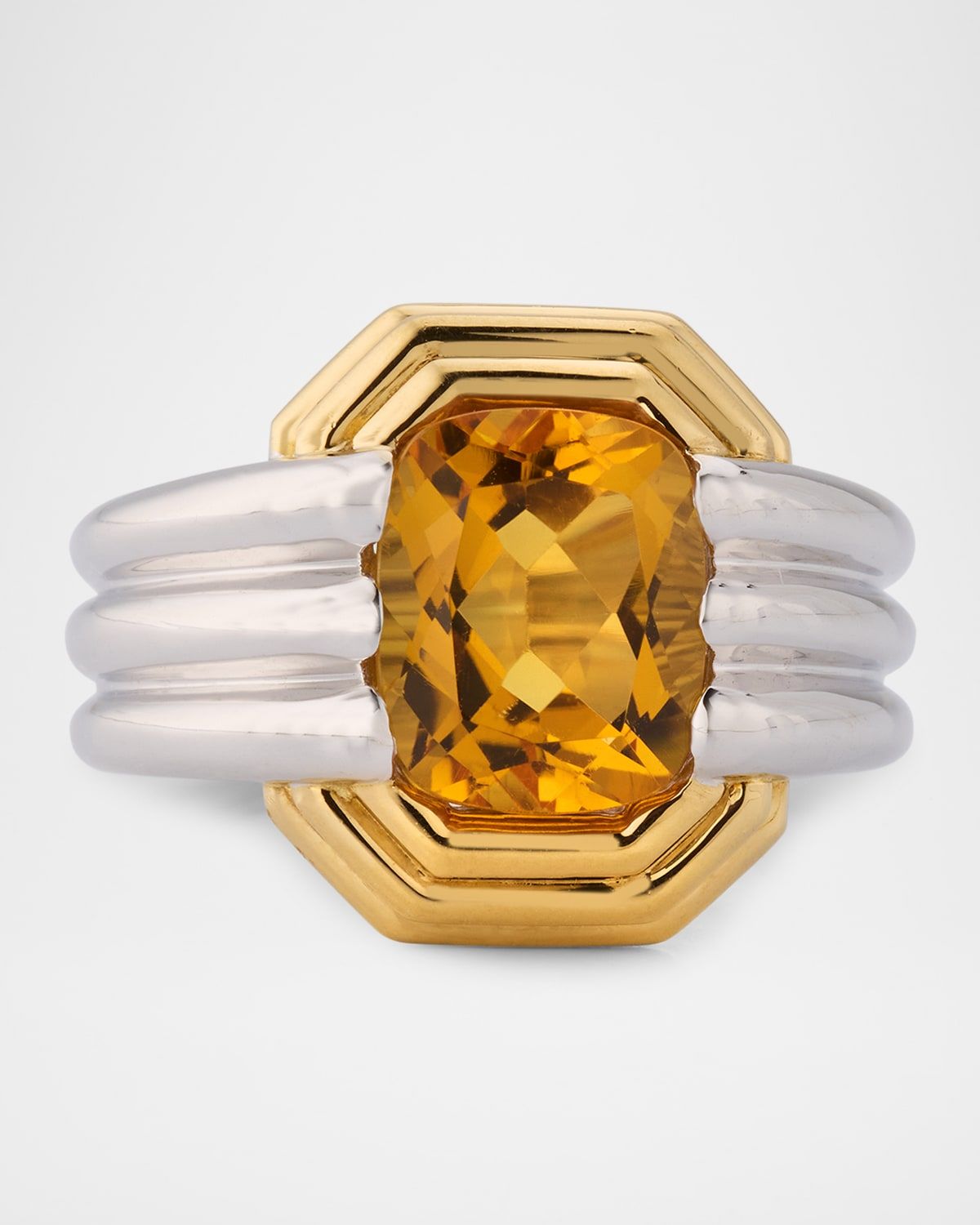 Estate 18K Yellow Gold and White Gold Citrine Grooved Ring, Size 7.75
