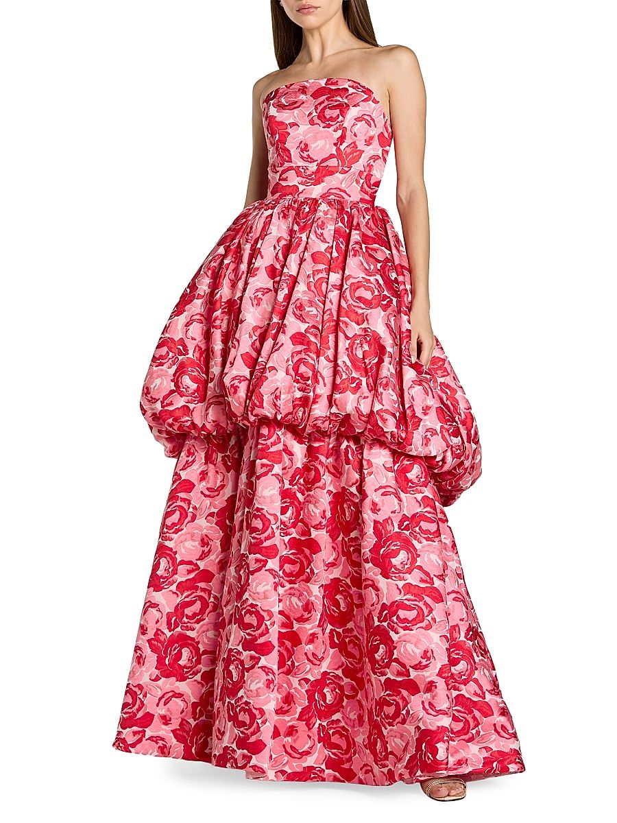 Women's Floral Brocade Bubble Hem Strapless Gown - Pink Multi - Size 14