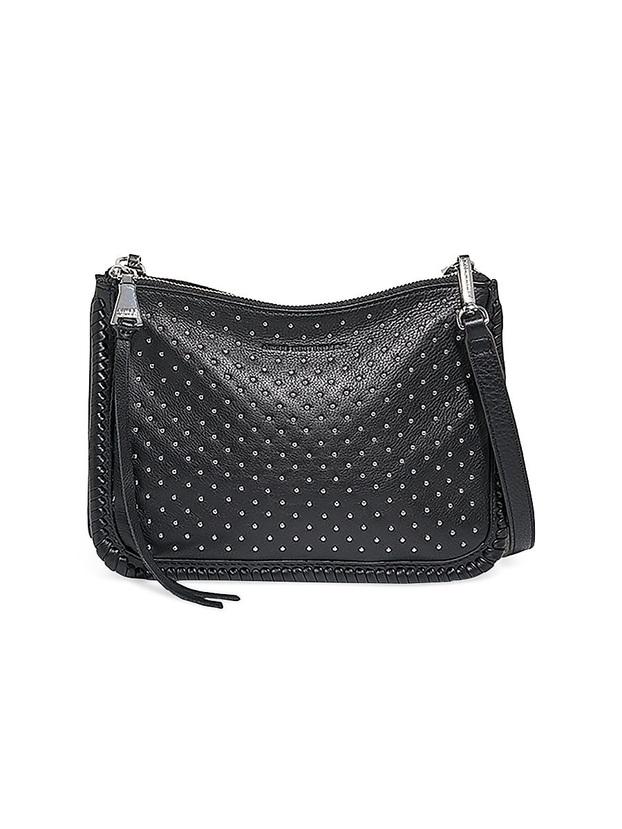 Women's Famous Leather Double Zip Crossbody Bag - Black W Shiny Silver Studs