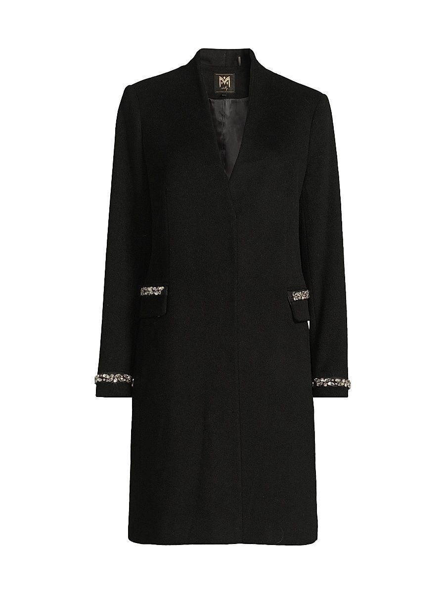 Women's Collarless Jewel Trim Maxi Coat - Black - Size Large