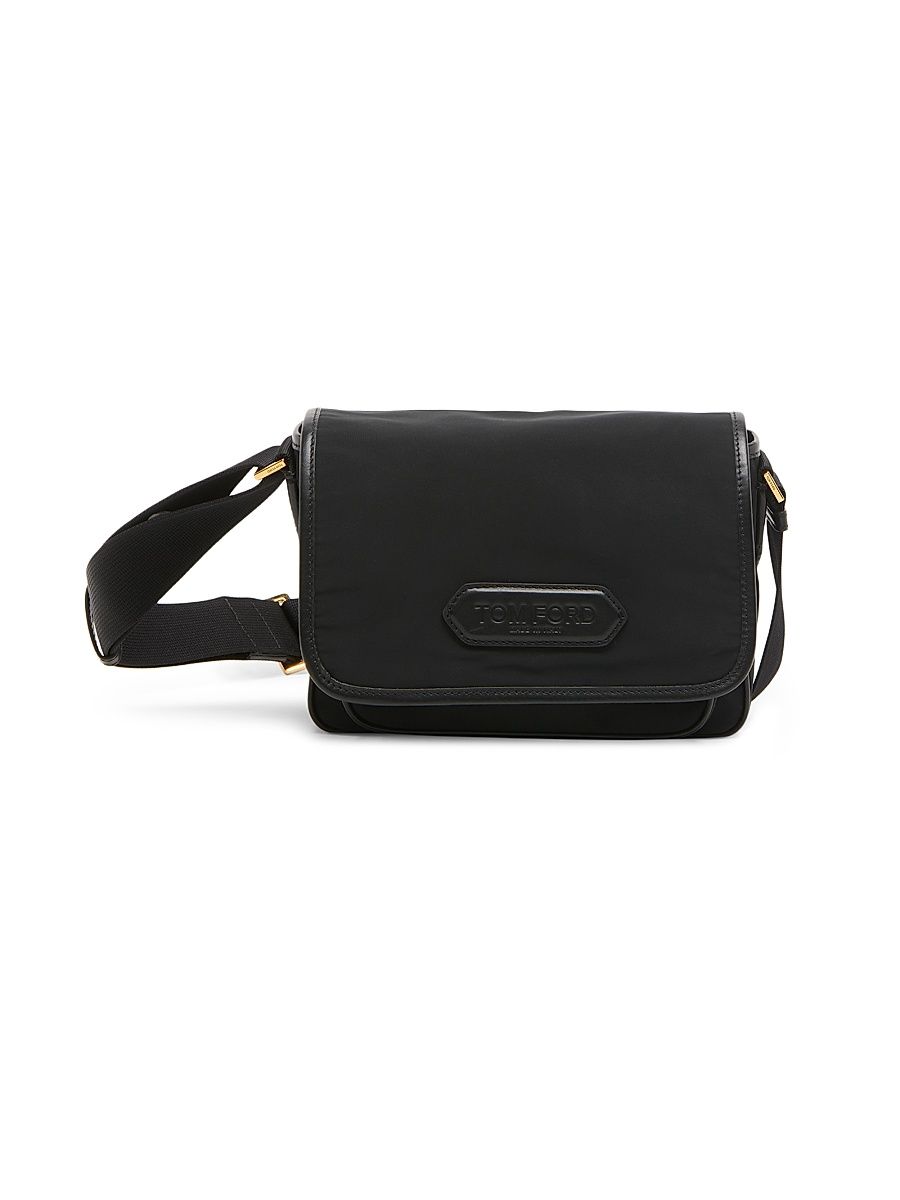 Men's Logo Nylon Flap Messenger Bag - Black