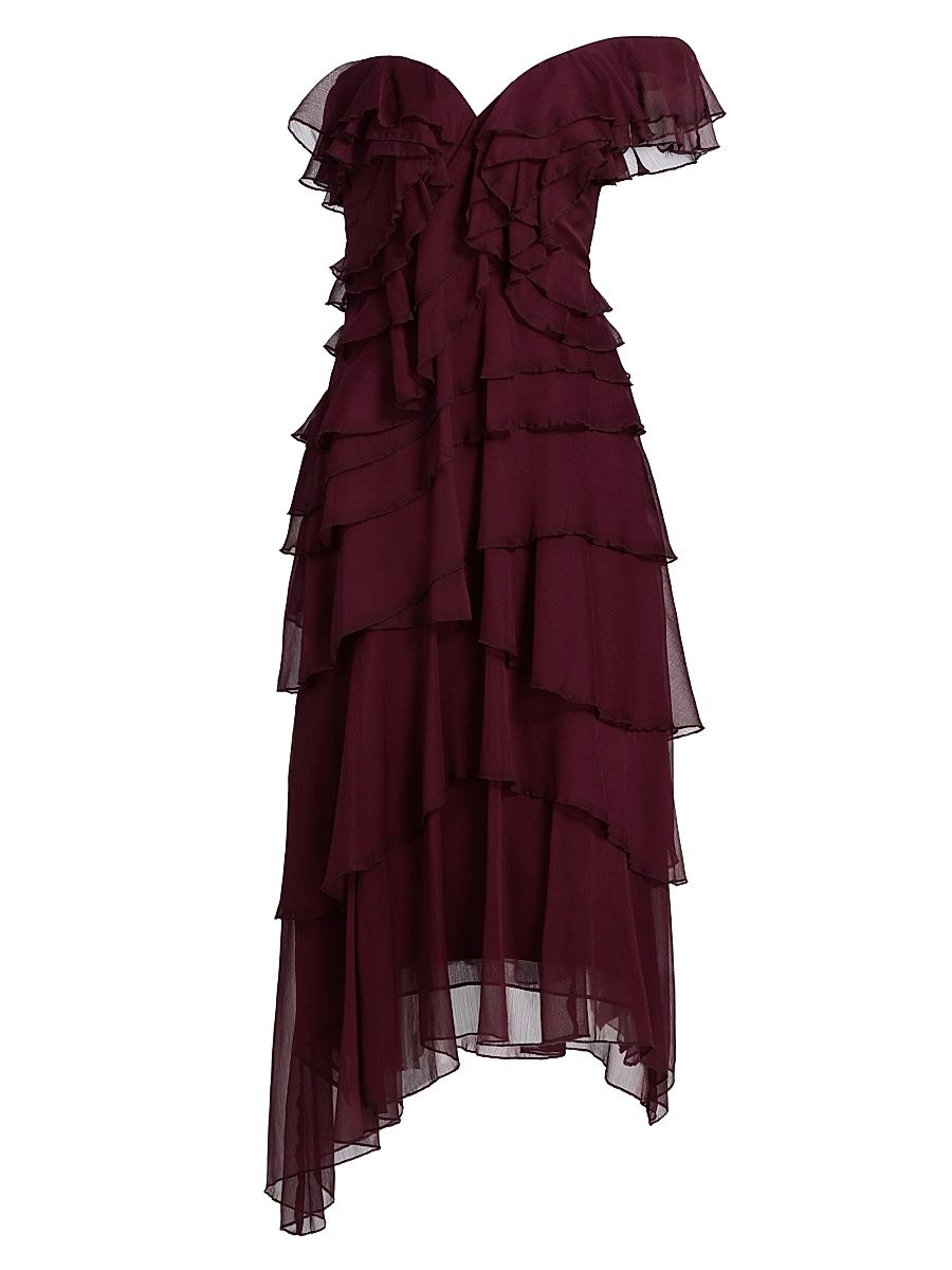 Women's Emaline Chiffon Cascade Off-The-Shoulder Midi-Dress - Pinot Nior - Size 14