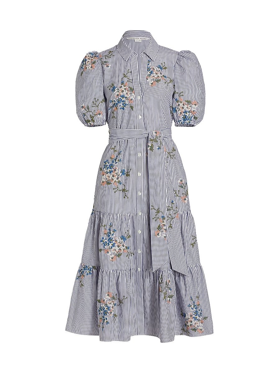 Women's Eunice Embroidered Stripe Cotton Shirtdress - White Blue - Size 8
