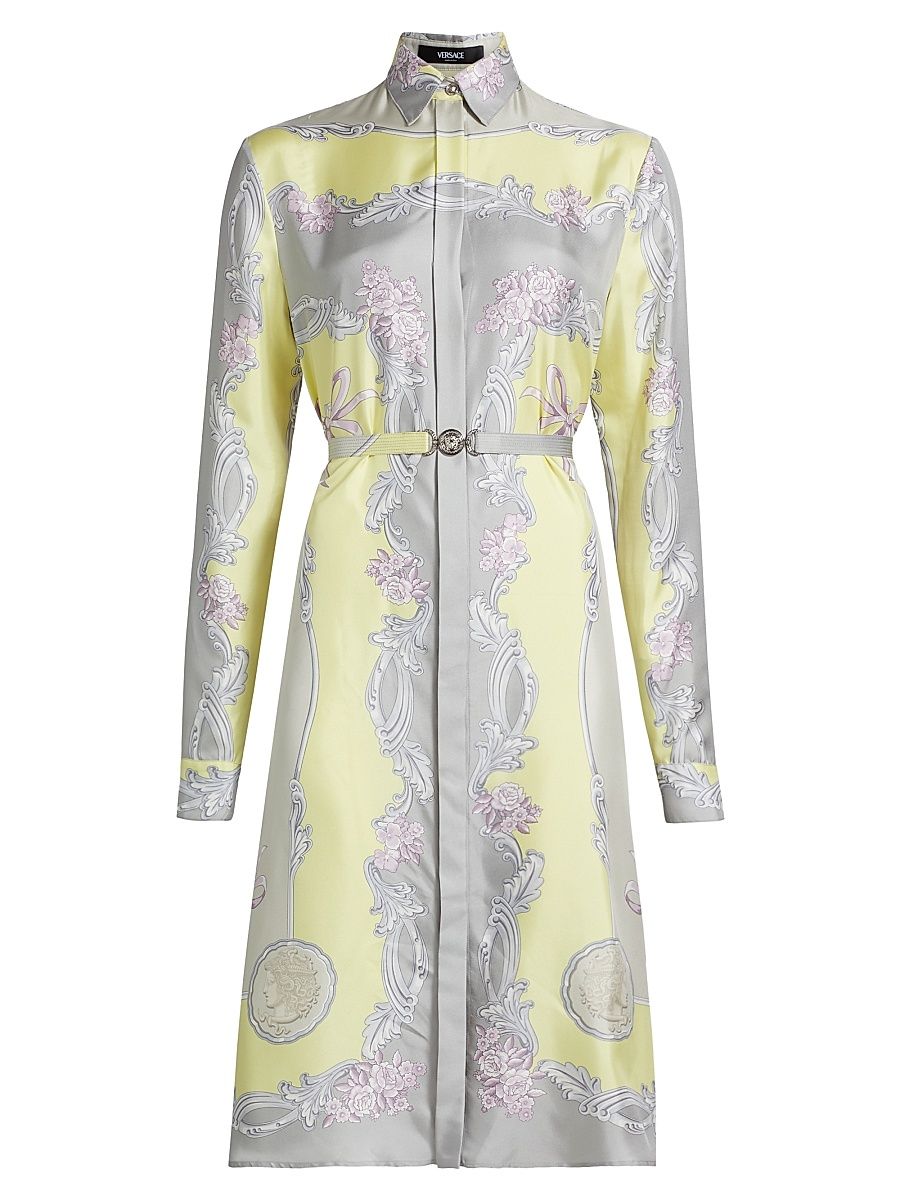 Women's Medusa Cameo Silk Belted Midi-Shirtdress - Pale Yellow Light Grey - Size 6