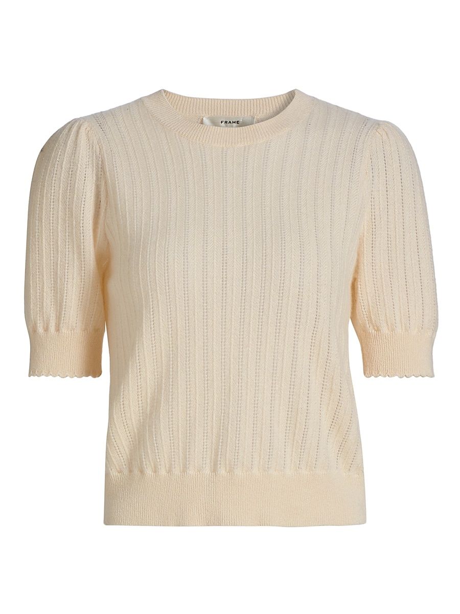 Women's Ladder Pointelle Cashmere Short-Sleeve Sweater - Cream - Size XL