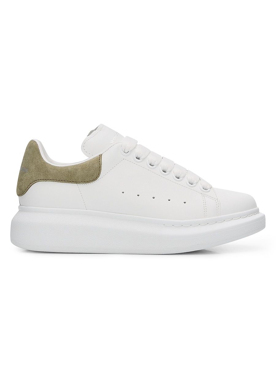 Women's Oversized Leather Low-Top Sneakers - White Olive Green - Size 11