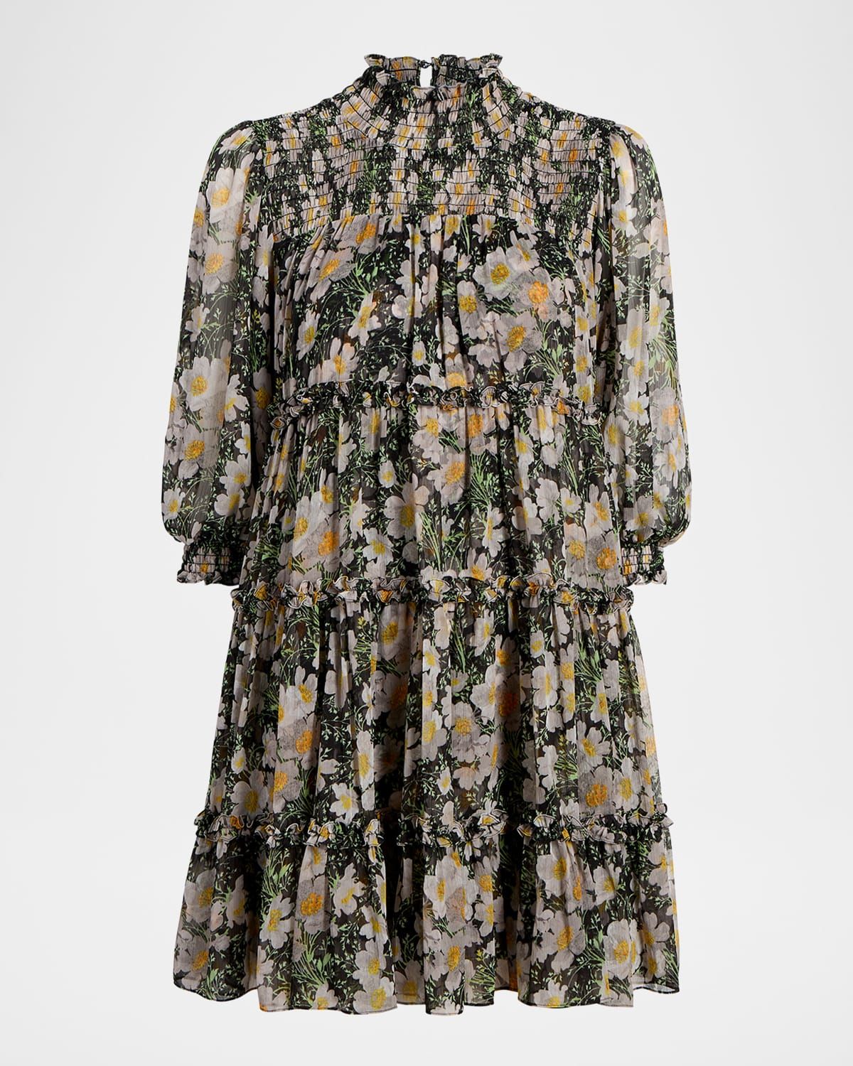 Olive Smocked Cosmo-Flower Mini Dress