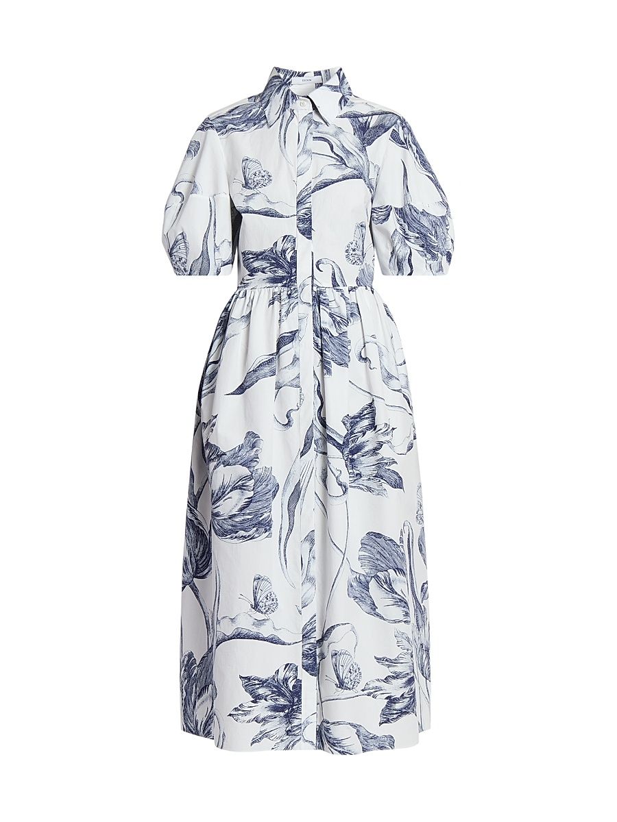 Women's Printed Midi Shirtdress - Botanical Engraving Ivory - Size 10