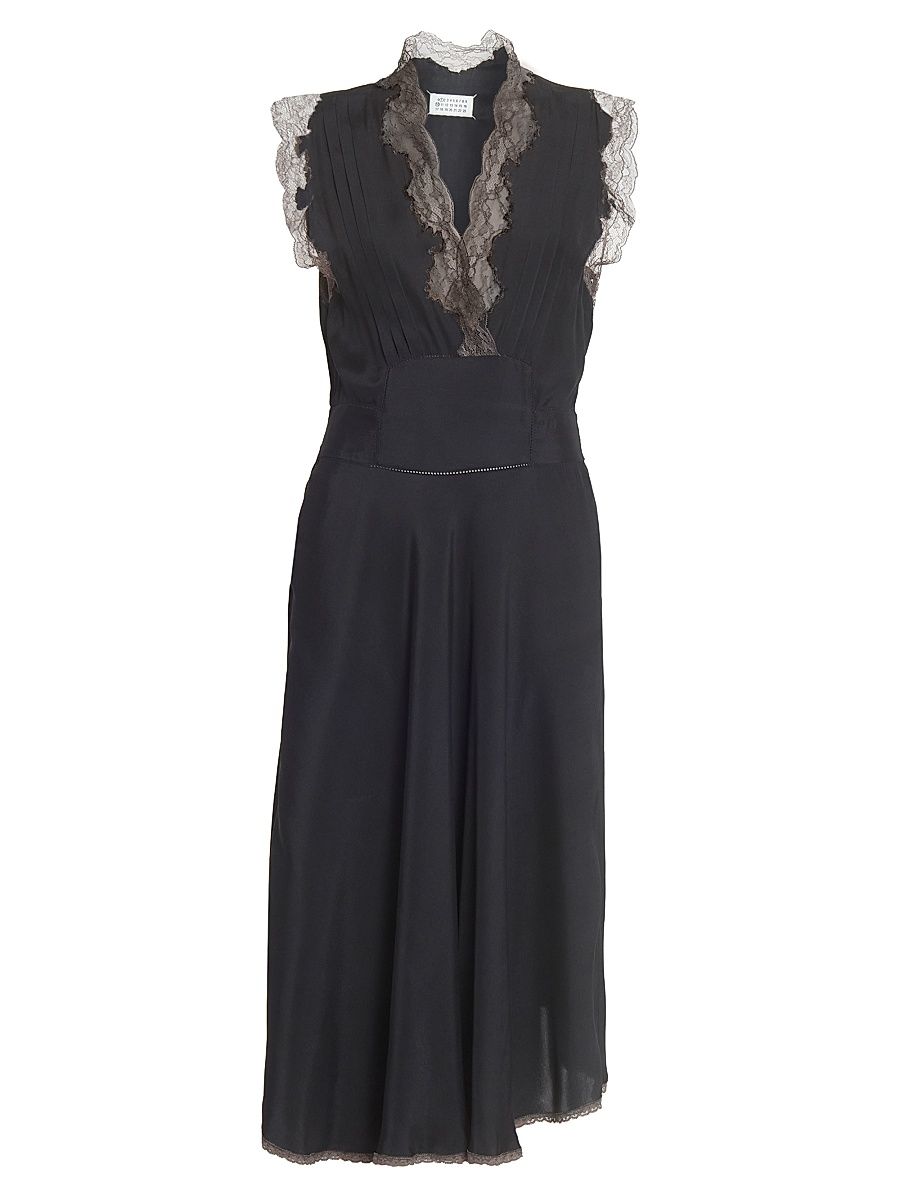 Women's Lace-Trimmed Matte Satin Midi-Dress - Black - Size 6
