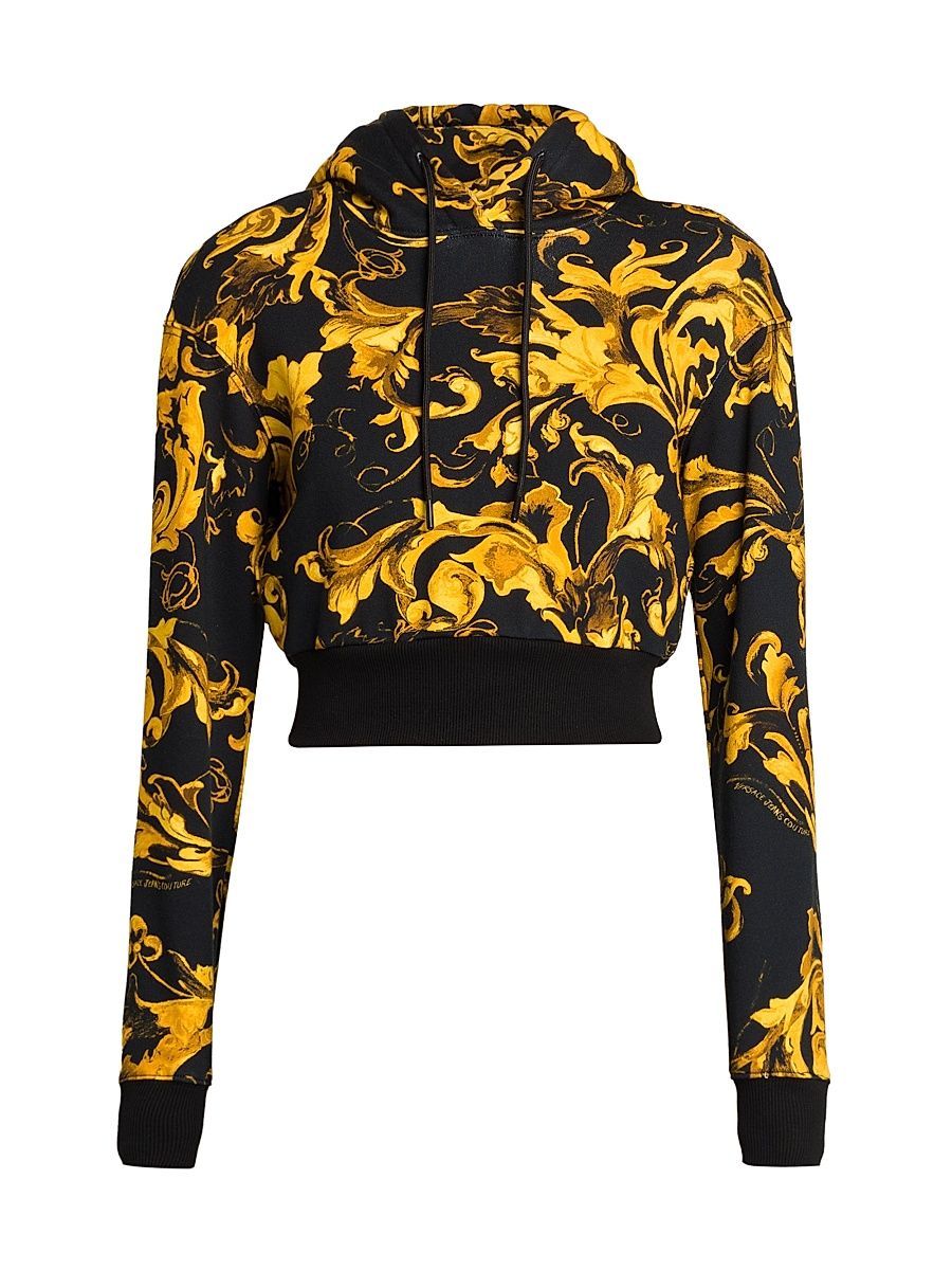 Women's Barocco Print Crop Hoodie - Black Gold - Size XS