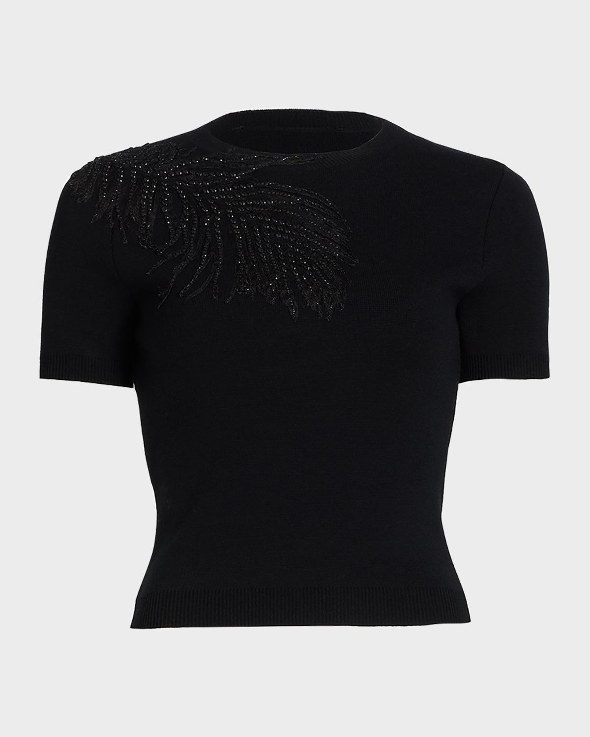 Embroidered Feather Short-Sleeve Sweater