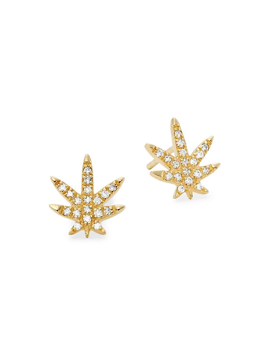 Women's 14K Yellow Gold & 0.22 TCW Diamond Cannabis Stud Earrings - Yellow Gold