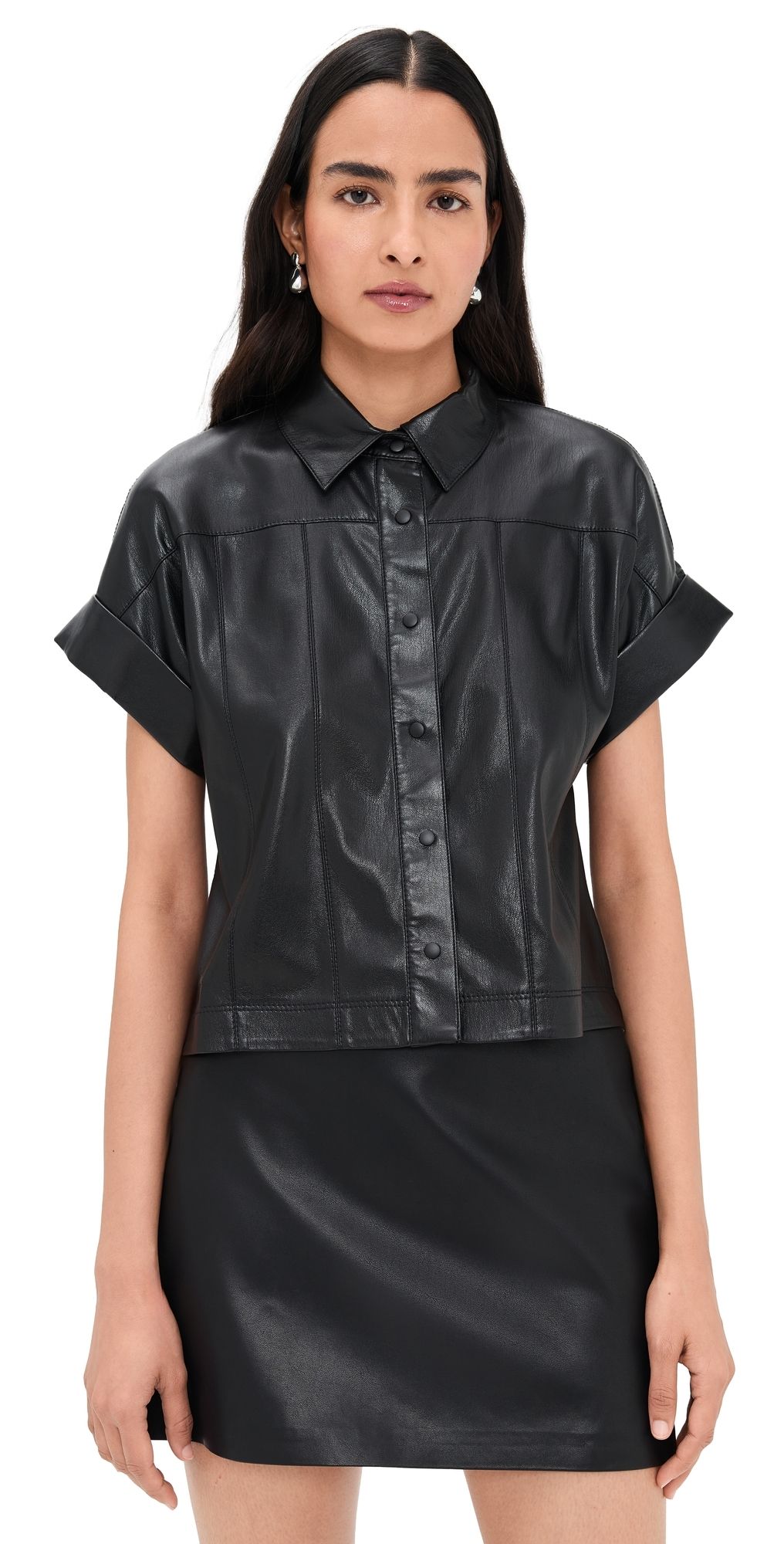 ALICE + OLIVIA Edyth Vegan Leather Button Down Black S
