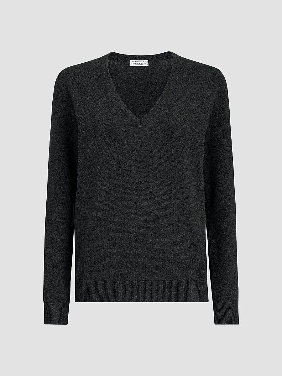 Women's Cashmere Sweater with Monili - Lignite Grey - Size XXS