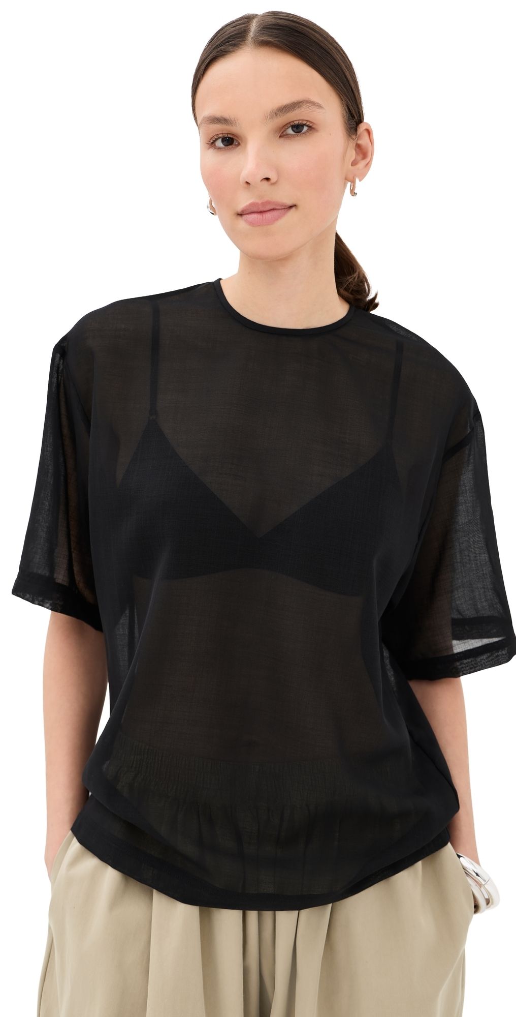 Tibi Sheer Wool Gauze Easy Tee Black XL