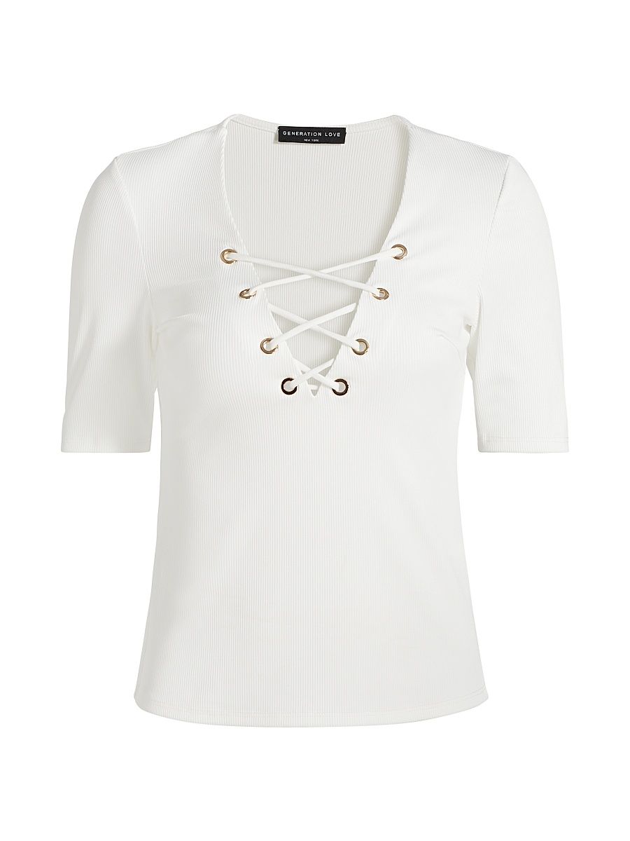 Women's Ren Linen-Blend Lace-Up T-Shirt - White - Size Large