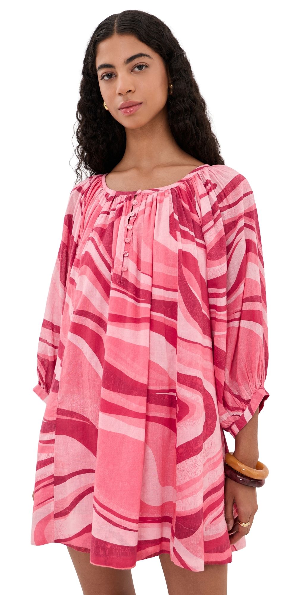 Coniglio Palm Beach Shirred Half Placket Mini Dress Sunrays Sunset Waves One Size