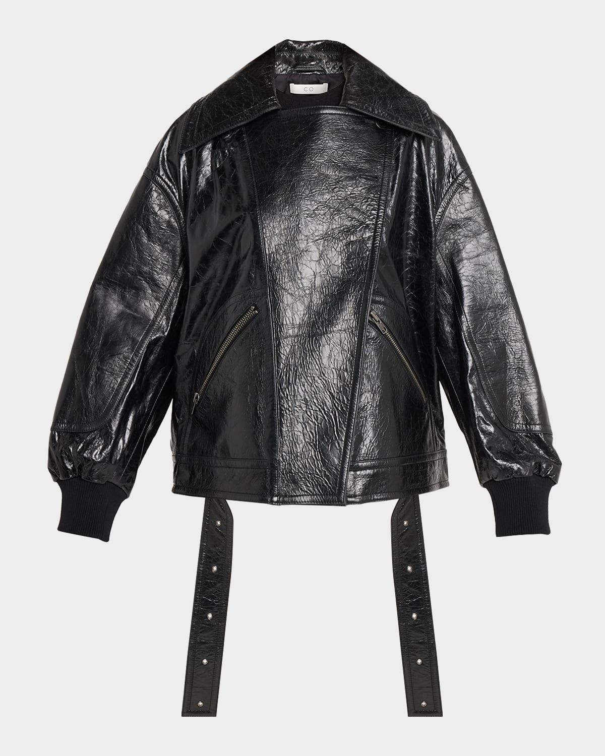 Shiny Crinkle Leather Oversized Bomber Jacket