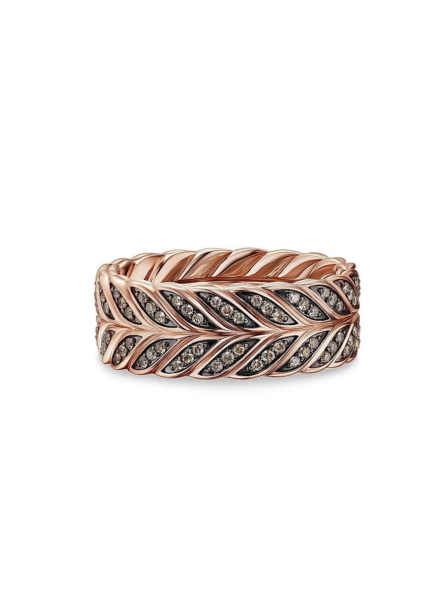 Men's Chevron Pave Band Ring in 18K Rose Gold - Cognac Diamond - Size 8