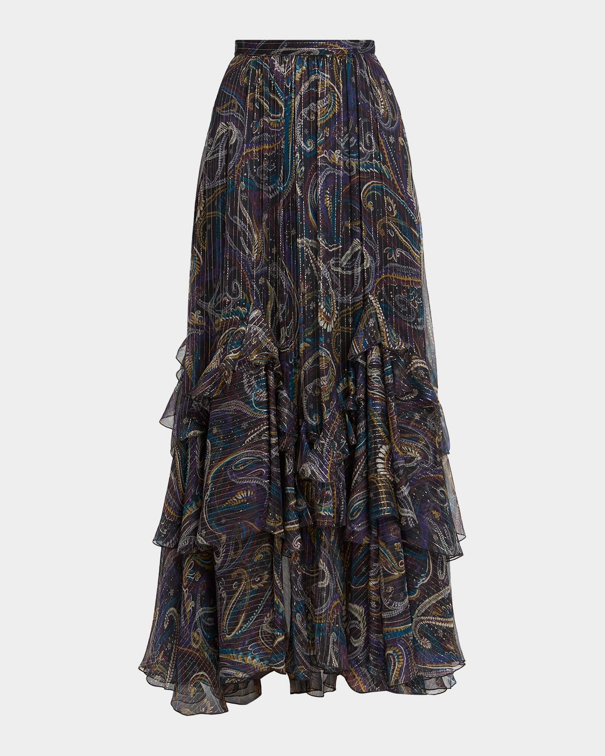 Metallic Paisley Tiered Ruffle Maxi Skirt
