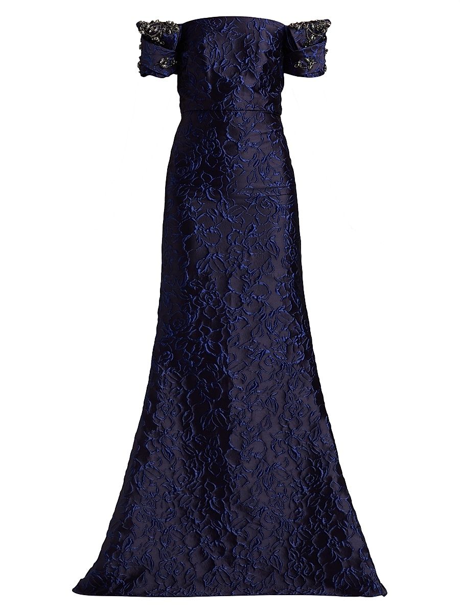 Women's Floral Jacquard Trumpet-Hem Gown - Cobalt - Size 8