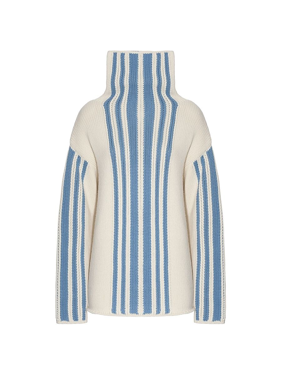 Women's Striped Wool-Cashmere Oversized Turtleneck - Sale Fog Blue - Size 14