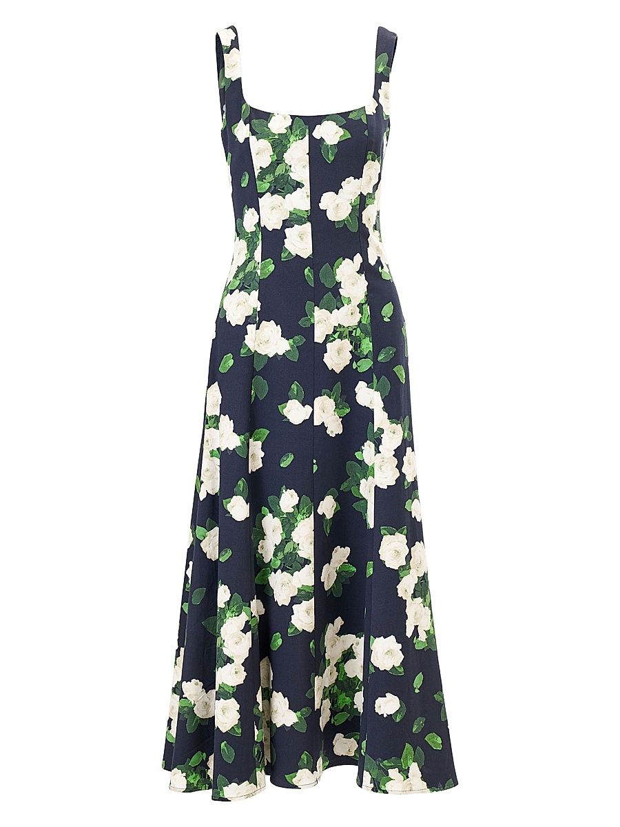 Women's Cabana Floral Squareneck Sleeveless Cotton-Blend Midi-Dress - Midnight Multi - Size 14
